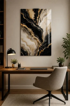 Siyah Gold Mermer Desenli Baskılı Cam Tablo – Lüks Modern Duvar Dekoru