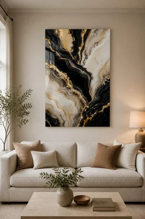 Siyah Gold Mermer Desenli Baskılı Cam Tablo – Lüks Modern Duvar Dekoru