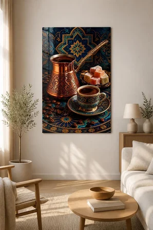 Türk Kahvesi Desenli Baskılı Cam Tablo – Bakır Cezve ve Lokum Dekoratif Duvar Tablosu