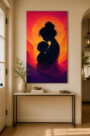 Anne Çocuk Silüet Baskılı Cam Tablo – Duygusal Minimalist UV Baskı Duvar Tablosu