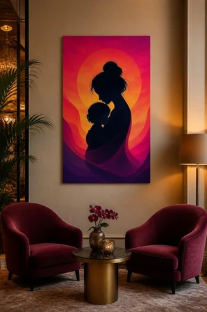 Anne Çocuk Silüet Baskılı Cam Tablo – Duygusal Minimalist UV Baskı Duvar Tablosu