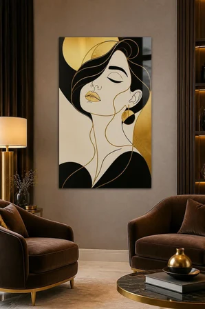 Modern Kadın Yüzü Baskılı Cam Tablo – Gold Çizgisel Dekoratif Duvar Tablosu