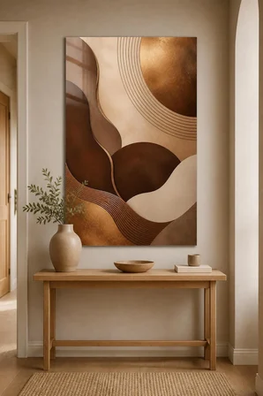 Soyut Modern Baskılı Cam Tablo – Bej Kahve Bronz Minimal Dekoratif Duvar Tablosu
