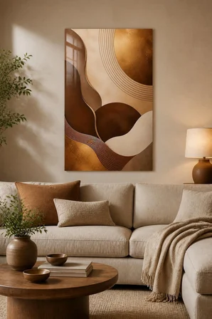 Soyut Modern Baskılı Cam Tablo – Bej Kahve Bronz Minimal Dekoratif Duvar Tablosu