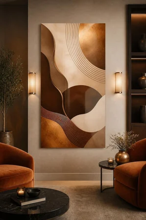 Soyut Modern Baskılı Cam Tablo – Bej Kahve Bronz Minimal Dekoratif Duvar Tablosu