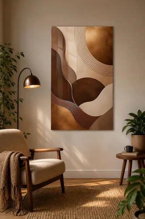 Soyut Modern Baskılı Cam Tablo – Bej Kahve Bronz Minimal Dekoratif Duvar Tablosu