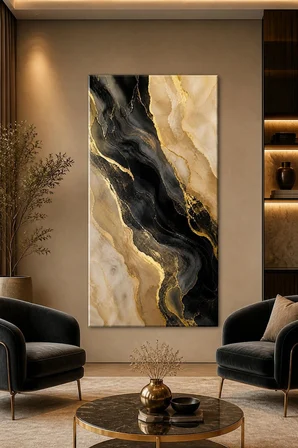 Soyut Gold Mermer Desenli Baskılı Cam Tablo – Modern Dekoratif Duvar Tablosu