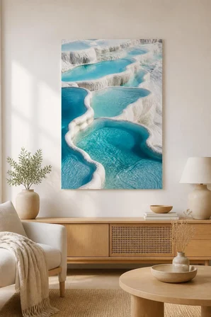 Pamukkale Travertenleri Baskılı Cam Tablo – Beyaz Mavi Doğa Manzaralı Duvar Tablosu