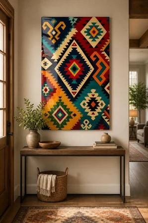 Anadolu Kilim Motifli Baskılı Cam Tablo – UV Baskı Modern Duvar Dekoru