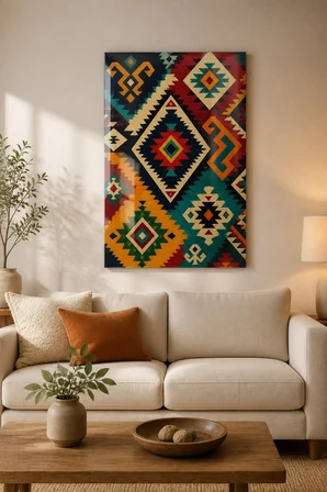 Anadolu Kilim Motifli Baskılı Cam Tablo – UV Baskı Modern Duvar Dekoru