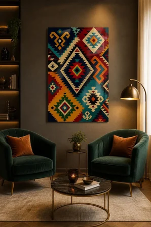 Anadolu Kilim Motifli Baskılı Cam Tablo – UV Baskı Modern Duvar Dekoru
