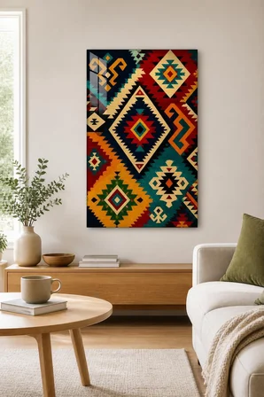 Anadolu Kilim Motifli Baskılı Cam Tablo – UV Baskı Modern Duvar Dekoru