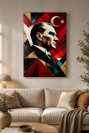 Geometrik Atatürk Baskılı Cam Tablo – Türk Bayraklı Modern Duvar Dekoru