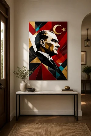 Geometrik Atatürk Baskılı Cam Tablo – Türk Bayraklı Modern Duvar Dekoru