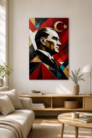 Geometrik Atatürk Baskılı Cam Tablo – Türk Bayraklı Modern Duvar Dekoru