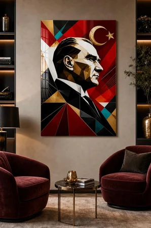 Geometrik Atatürk Baskılı Cam Tablo – Türk Bayraklı Modern Duvar Dekoru