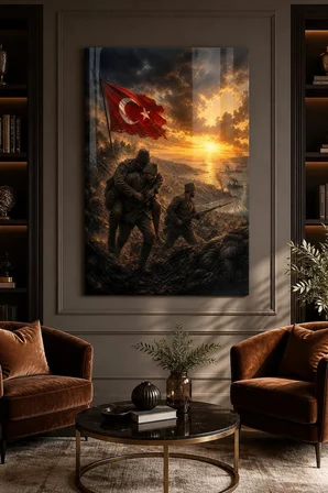 Çanakkale Savaşı Temalı Baskılı Cam Tablo – Türk Bayraklı UV Baskı Duvar Tablosu