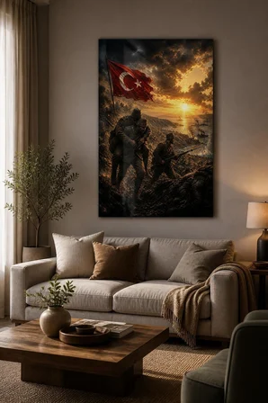Çanakkale Savaşı Temalı Baskılı Cam Tablo – Türk Bayraklı UV Baskı Duvar Tablosu