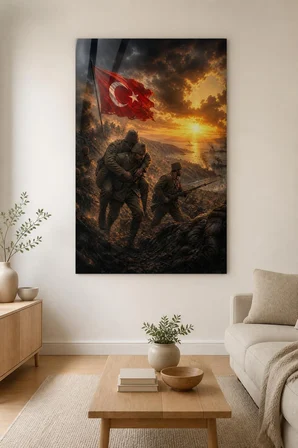 Çanakkale Savaşı Temalı Baskılı Cam Tablo – Türk Bayraklı UV Baskı Duvar Tablosu