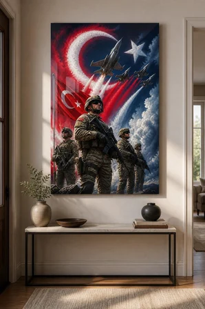 Türk Askeri F16 Desenli Baskılı Cam Tablo – UV Baskı Dekoratif Duvar Tablosu