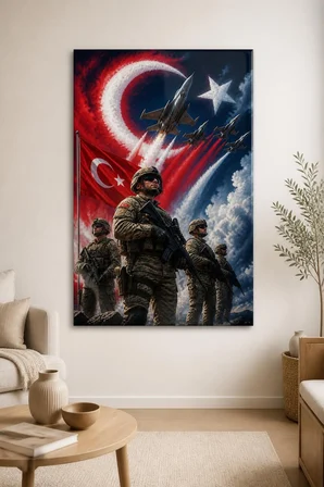 Türk Askeri F16 Desenli Baskılı Cam Tablo – UV Baskı Dekoratif Duvar Tablosu