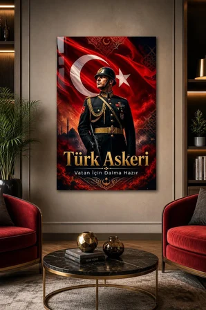 Türk Askeri Baskılı Cam Tablo – Bayraklı Vatan Temalı Dekoratif Duvar Tablosu