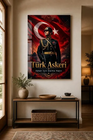 Türk Askeri Baskılı Cam Tablo – Bayraklı Vatan Temalı Dekoratif Duvar Tablosu