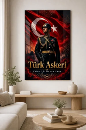 Türk Askeri Baskılı Cam Tablo – Bayraklı Vatan Temalı Dekoratif Duvar Tablosu