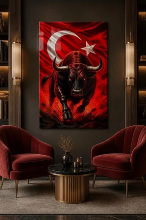 Türk Bayraklı Kızgın Boğa Baskılı Cam Tablo – UV Baskı Dekoratif Duvar Tablosu