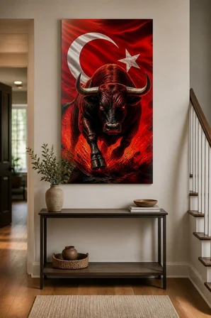 Türk Bayraklı Kızgın Boğa Baskılı Cam Tablo – UV Baskı Dekoratif Duvar Tablosu