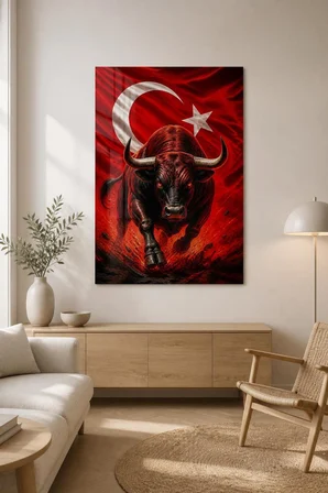 Türk Bayraklı Kızgın Boğa Baskılı Cam Tablo – UV Baskı Dekoratif Duvar Tablosu