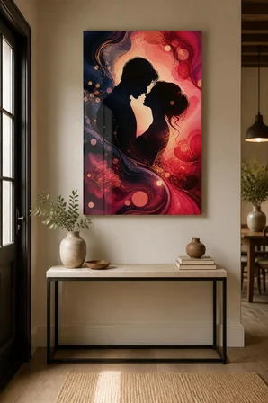 Romantik Çift Silüeti Baskılı Cam Tablo – UV Baskı Dekoratif Duvar Tablosu