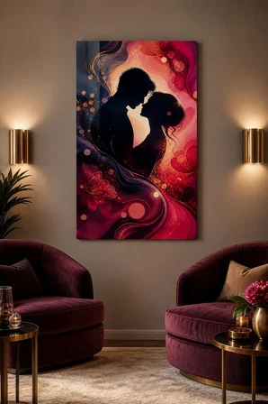 Romantik Çift Silüeti Baskılı Cam Tablo – UV Baskı Dekoratif Duvar Tablosu