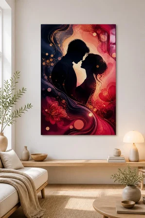 Romantik Çift Silüeti Baskılı Cam Tablo – UV Baskı Dekoratif Duvar Tablosu