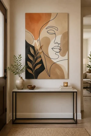 Soyut Yüz Desenli Baskılı Cam Tablo – Bej Modern Dekoratif Duvar Tablosu