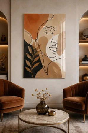 Soyut Yüz Desenli Baskılı Cam Tablo – Bej Modern Dekoratif Duvar Tablosu