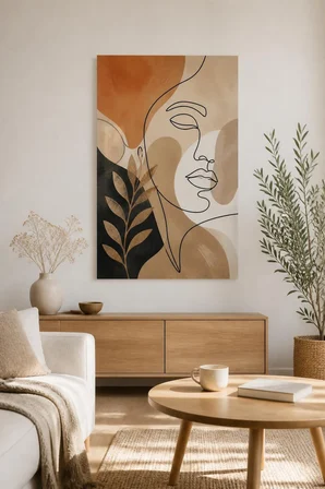 Soyut Yüz Desenli Baskılı Cam Tablo – Bej Modern Dekoratif Duvar Tablosu