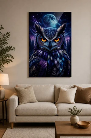 Baykuş Desenli Baskılı Cam Tablo – Gizemli Gece UV Baskı Duvar Dekoru