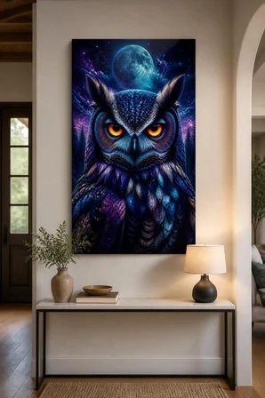 Baykuş Desenli Baskılı Cam Tablo – Gizemli Gece UV Baskı Duvar Dekoru