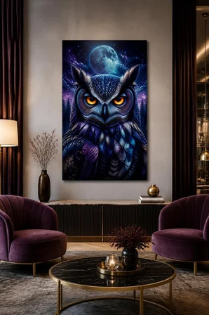 Baykuş Desenli Baskılı Cam Tablo – Gizemli Gece UV Baskı Duvar Dekoru