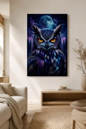 Baykuş Desenli Baskılı Cam Tablo – Gizemli Gece UV Baskı Duvar Dekoru