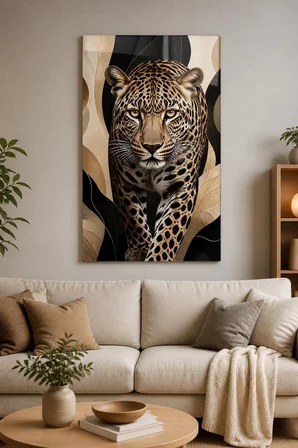 Leopar Portre Baskılı Cam Tablo – Bej Siyah Modern Duvar Dekoru