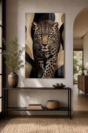 Leopar Portre Baskılı Cam Tablo – Bej Siyah Modern Duvar Dekoru