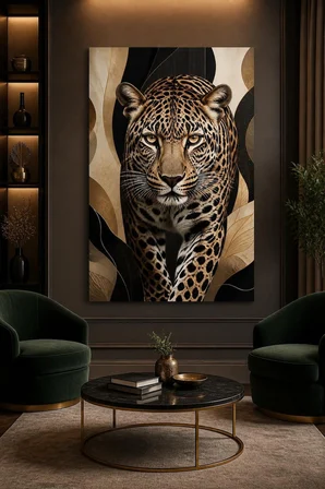 Leopar Portre Baskılı Cam Tablo – Bej Siyah Modern Duvar Dekoru