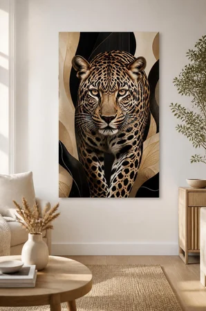 Leopar Portre Baskılı Cam Tablo – Bej Siyah Modern Duvar Dekoru