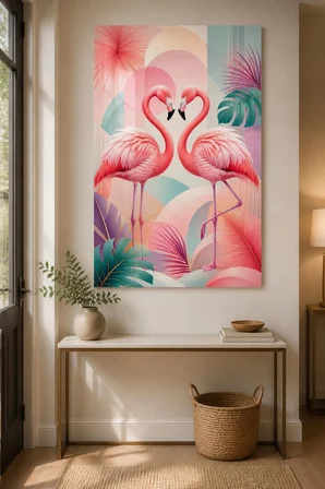 Flamingo Çifti Baskılı Cam Tablo – Pastel Modern Dekoratif Duvar Tablosu