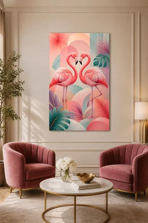 Flamingo Çifti Baskılı Cam Tablo – Pastel Modern Dekoratif Duvar Tablosu