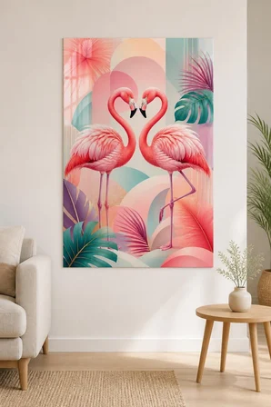 Flamingo Çifti Baskılı Cam Tablo – Pastel Modern Dekoratif Duvar Tablosu
