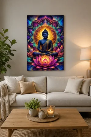 Buddha Lotus Baskılı Cam Tablo – UV Baskı Meditasyon Dekoratif Duvar Tablosu