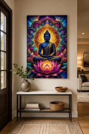 Buddha Lotus Baskılı Cam Tablo – UV Baskı Meditasyon Dekoratif Duvar Tablosu